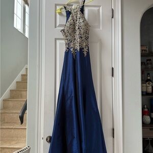 Camille La Vie Navy and Gold Embroidered Prom Dress